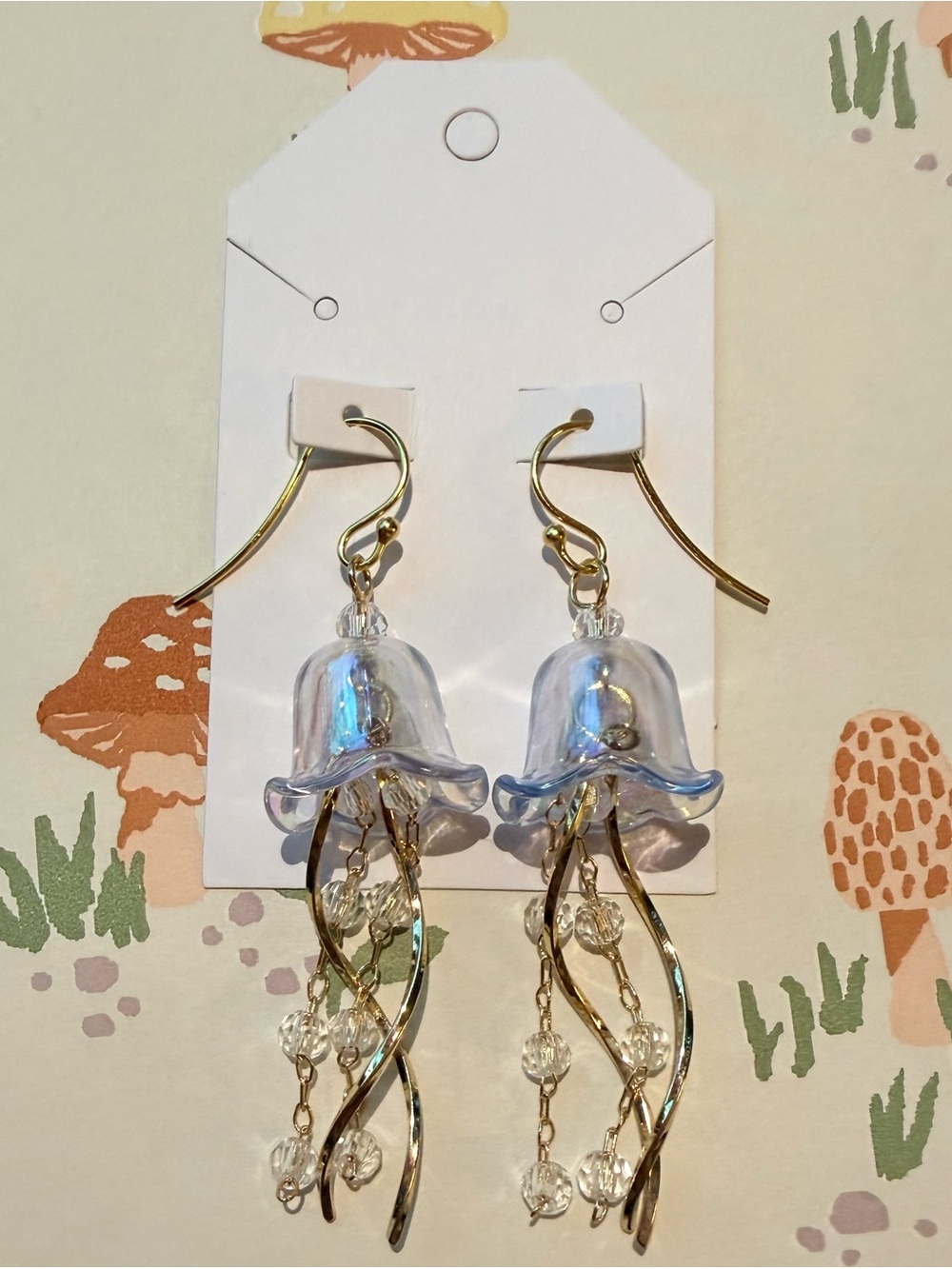 Iridescent Blue Glass Jellyfish Drop Earrings with Gold Hooks